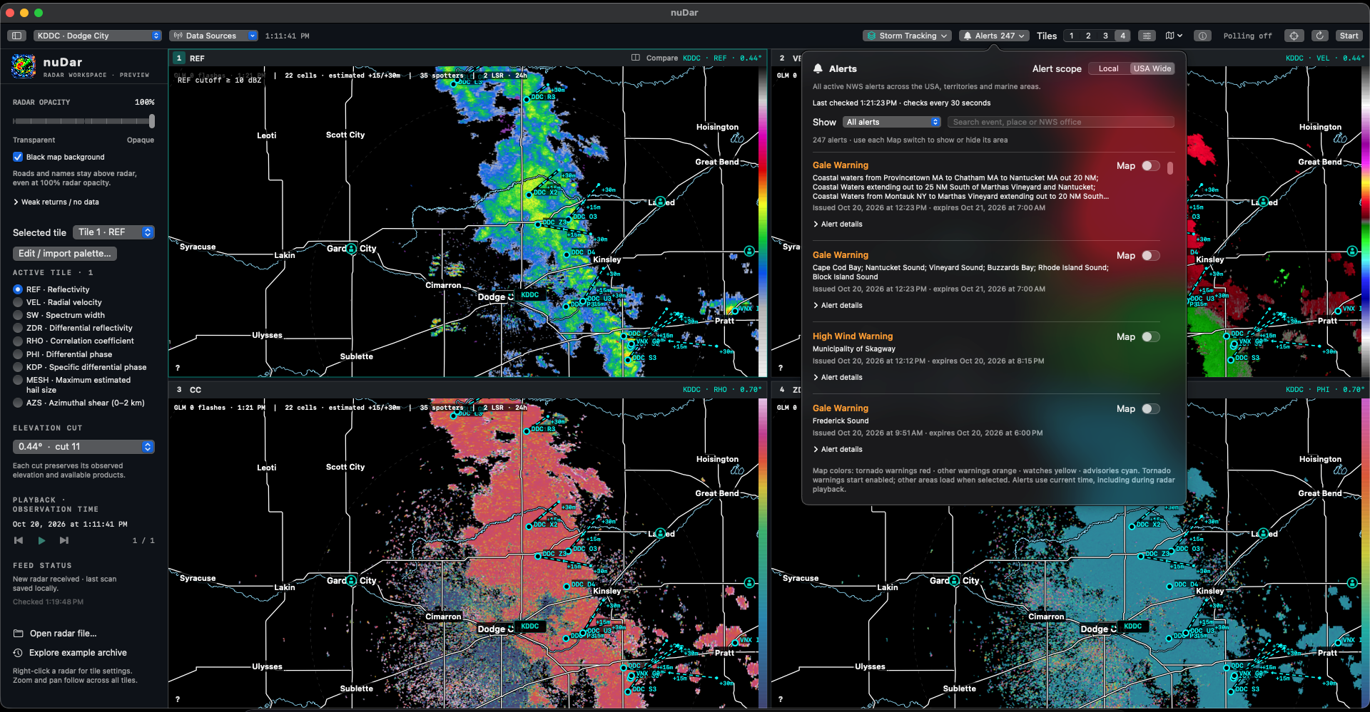 Screenshot of the DoppLora macOS radar app showing four weather radar panels and an alerts window